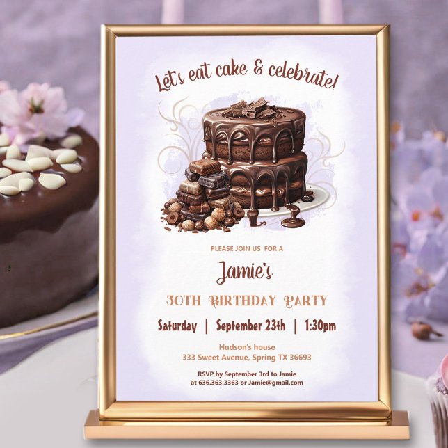 Convites Aniversário de 30 anos de Castanho-roxo, Deserto d (Chocolate Cake Purple Brown 30th Birthday Party Invitation)