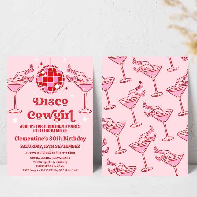 Convites Aniversário de 30 anos de Cowgirl Vermelha Retro-R (Retro Disco Cowgirl Birthday Invitation, Disco Ball, Disco Pink Cowgirl Birthday Invitation Template)