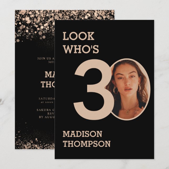 Convites Aniversário de 30 anos de falhas Douradas pretas e (Frente/Verso)