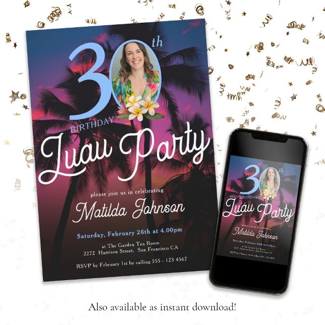 Convites Aniversário de 30 anos de Festas Personalizadas Mo (Fun 30th Birthday Luau Party Modern Custom Photo Invitation)