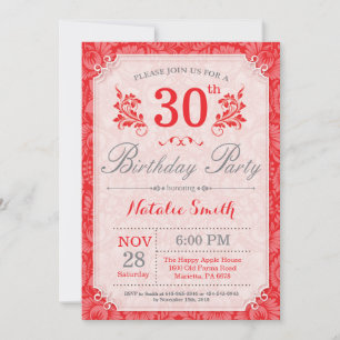 Convites Aniversário de 30 anos de Floral Vermelho para Mu