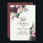 Convites Aniversário de 30 anos de Folhas Florais Rosa-Blus<br><div class="desc">Burgundy elegante e floral cor-de-água cor-de-rosa-claro com folhas verdes sábias em convite de festas branco com uma letra elegante de escrita de caligrafia.</div>