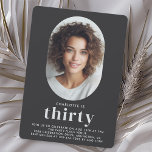 Convites Aniversário de 30 anos de Foto Mínima Moderna<br><div class="desc">Simples, mínimo e tão na moda, este convite de aniversário celebra alguém fazendo 30 anos. A simples design de preto plano e de fundo branco coloca a ênfase no convidado de honra enquanto se preparam para celebrar este importante aniversário de um marco. O único quadro oval tem um modelo de...</div>