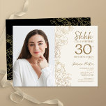Convites aniversário de 30 anos de Fotografia Dourada de Su<br><div class="desc">Sorvete floral e convite de festas aniversário de 30 anos de surpresa preta com sua foto na frente da placa. Elegante design moderno com desenhos botânicos desenhados em destaque e letra de script de tipografia. Simples trendy convida cartão perfeito para uma festa de na moda. Pode ser personalizado para qualquer...</div>