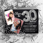 Convites Aniversário de 30 anos de Fotografia em Silver Bal<br><div class="desc">Celebrando a 30! Estes convites permitem-vos carregar uma fotografia, antes e depois, do aniversariante ou da mulher, num quadro de prata, com o título "Saúde a 30 Anos!". Apresentando um fundo calkboard rústico, balões de hélio com número prateado, flechas de brilho prateado sujo e uma simples modelo de festa de...</div>