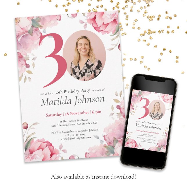 Convites Aniversário de 30 anos de Fotografia Personalizada (30th Birthday Pink Floral Botanical Custom Photo Invitation)