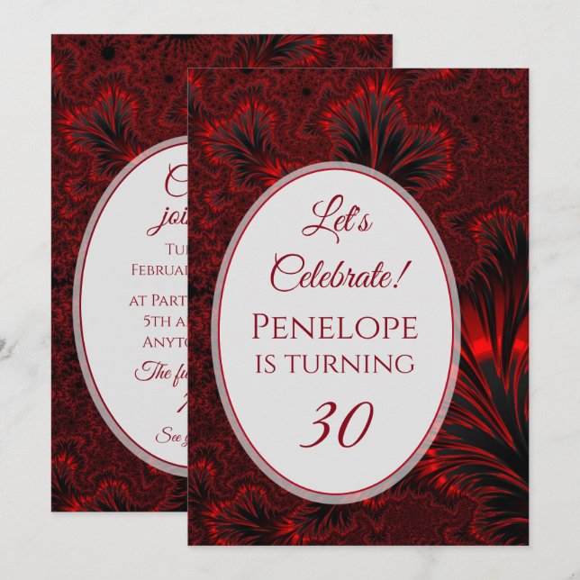 Convites Aniversário de 30 anos de Fractal Vermelho brilhan (Frente/Verso)