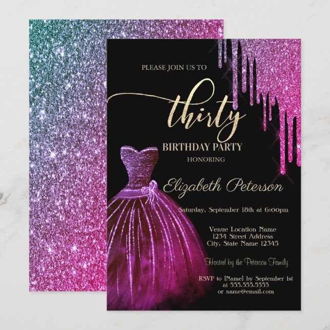 Convites Aniversário de 30 anos de Glitter de Vestido Legal (Frente/Verso)