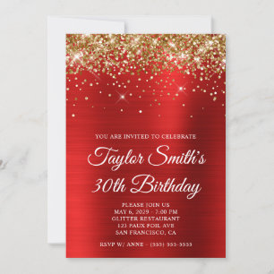 Convites aniversário de 30 anos de Glitter Vermelho Dourado