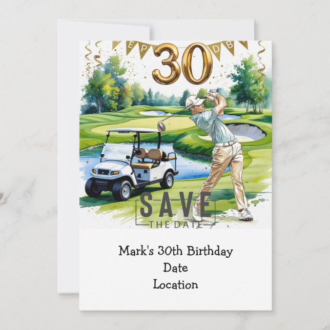 Convites Aniversário de 30 anos de golfe com carrinho de go (Frente)