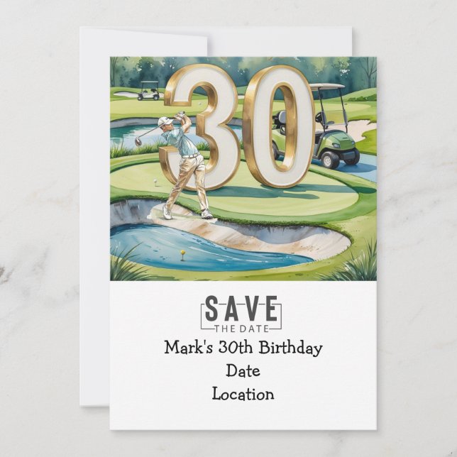 Convites Aniversário de 30 anos de golfe com carrinho de go (Frente)