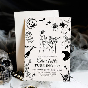 Convites Aniversário de 30 anos de Halloween Desenhado Mão