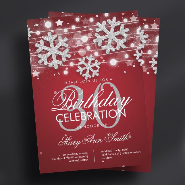 Convites Aniversário de 30 anos de Inverno de Silver Glam (Silver Red 30th Birthday Winter Glitter Glam Invitation)