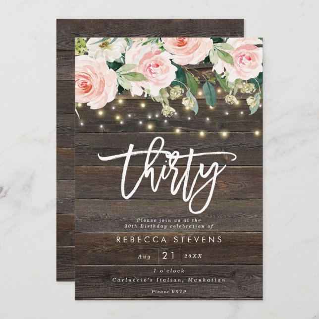 Convites aniversário de 30 anos de lâmpadas de madeira rúst (Frente/Verso)