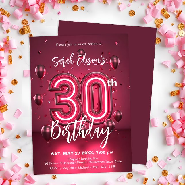 Convites Aniversário de 30 anos de Neon Rosa Vibrante com B (Criador carregado)