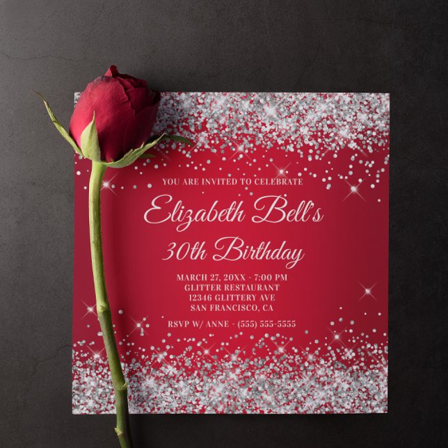 Convites Aniversário de 30 anos de Ombre Vermelho brilhante (Sparkly Silver Glitter Red Ombre Birthday Invitation)