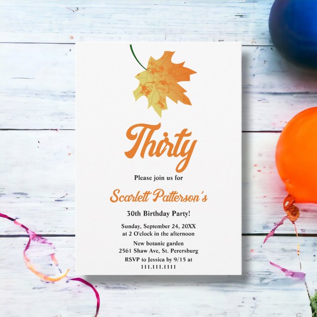 Convites Aniversário de 30 anos de outono Elegante Laranja  (Criador carregado)