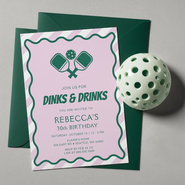 Convites Aniversário de 30 anos de Pickleball Retro Verde R (Pink Green Retro Pickleball 30th Birthday Invitation)