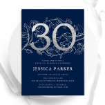 Convites Aniversário de 30 anos de Prata Azul Elegante do M<br><div class="desc">Convite de festas marinho azul-prateado Elegante. Design feminina moderna personalizável,  com sotaques botânicos rosas e prata brilhante fraca. Simples cartão de convite floral perfeito para uma comemoração de um na moda. Personalize com seus próprios detalhes. Impressos convites Zazzle ou modelo de impressão digital instantânea para download.</div>