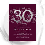 Convites Aniversário de 30 anos de Prata Borgonha Elegante<br><div class="desc">Elegante convite de festas de aniversário de 30 anos de prata burgata. Design feminina moderna personalizável, com sotaques botânicos rosas e prata brilhante fraca. Simples cartão de convite floral perfeito para uma comemoração de um na moda. Personalize com seus próprios detalhes. Impressos convites Zazzle ou modelo de impressão digital instantânea...</div>