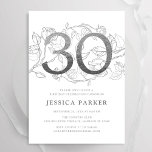 Convites Aniversário de 30 anos de prata branca elegante<br><div class="desc">Elegante convite de festas branco-aniversário de 30 anos prateado. Design feminina moderna personalizável,  com sotaques botânicos rosas e prata brilhante fraca. Simples cartão de convite floral perfeito para uma comemoração de um na moda. Personalize com seus próprios detalhes. Impressos convites Zazzle ou modelo de impressão digital instantânea para download.</div>