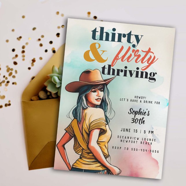 Convites Aniversário de 30 anos de Quic Ocidental 30 flores (thirty flirty thriving cowgirl western country watercolor woman fun 30th birthday invitation for her)