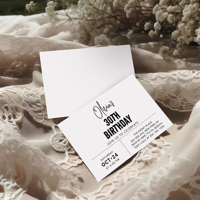 Convites Aniversário de 30 anos de Script Preto Chic Elegan (Criador carregado)