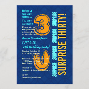 Convites aniversário de 30 anos de SURPREE azul moderno e 