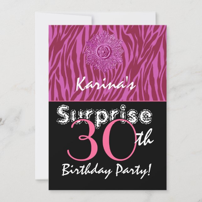 Convites aniversário de 30 anos de SURPREE Rosa e Zebra G40 (Frente)