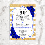 Convites Aniversário de 30 anos de Surpresa - Azul Branco D<br><div class="desc">Convite para aniversário de 30 anos surpresa. Branco feminino,  design azul real com ouro brilhante falso. Apresenta faixas,  rosas azuis safiras,  fonte de script e confetti. Perfeito para uma bolsa mensageifesta de aniversario elegante. Pode ser personalizado para mostrar qualquer idade. Envie-me uma mensagem se precisar de mais personalização.</div>
