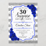 Convites Aniversário de 30 anos de surpresa - Azul branco p<br><div class="desc">Convite para aniversário de 30 anos surpresa. Branco feminino,  design azul real com prata brilhante falso. Apresenta faixas,  rosas de marinho,  fonte de script e confetti. Perfeito para uma bolsa mensageifesta de aniversario elegante. Pode ser personalizado para mostrar qualquer idade. Envie-me uma mensagem se precisar de mais personalização.</div>