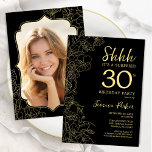 Convites Aniversário de 30 anos de Surpresa de Foto Dourada<br><div class="desc">Convite de festas Elegante de aniversário de 30 anos de surpresa preto e dourado com sua foto na parte traseira da placa. A moderna design feminina moderna tem sotaques botânicos e letra de script de tipografia. Simples cartão de convite floral perfeito para uma festa surpresa na moda. Pode ser personalizado...</div>