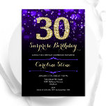Convites Aniversário de 30 anos de Surpresa Dourada<br><div class="desc">Convite de festas de aniversário de 30 anos surpresa. Design púrpura elegante com ouro brilhante. Apresenta na moda diamante, luzes e fontes de script. Homens ou mulheres convidam no dia. Perfeito para uma festa de aniversário adulta na moda. Personalize com seus próprios detalhes. Envie-me uma mensagem se precisar de mais...</div>