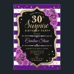 Convites Aniversário de 30 anos de surpresa - Dourado roxo<br><div class="desc">Convite para aniversário de 30 anos surpresa. Design de ouro roxo feminino com ouro brilhante falso. Apresenta faixas,  rosas roxos,  fontes de script e confetti. Perfeito para uma bolsa mensageifesta de aniversario elegante. Pode ser personalizado para mostrar qualquer idade. Envie-me uma mensagem se precisar de mais personalização.</div>