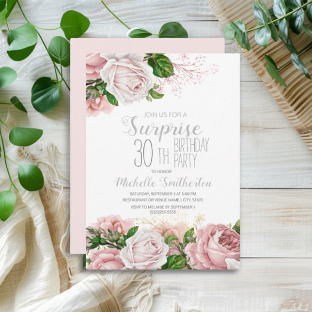 Convites Aniversário de 30 anos de Surpresa Floral Rosa Blu (Pink vintage floral surprise 30th birthday party invitation)
