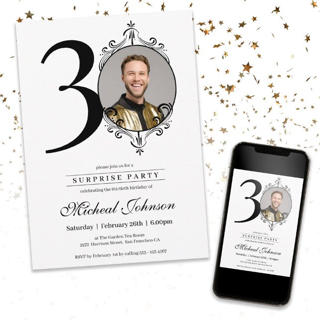 Convites Aniversário de 30 anos de Surpresa Personalizada d (Simple Chic Custom Photo Surprise 30th Birthday Invitation)