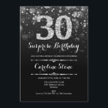Convites Aniversário de 30 anos de surpresa - Prata preta<br><div class="desc">Convite para aniversário de 30 anos surpresa. Design branco preto elegante com prata brilhante falso. Aniversário adulto. Apresenta diamantes e fontes de script. Convidado para homens ou mulheres no dia. Perfeito para uma festa de aniversário na moda. Envie-me uma mensagem se precisar de mais personalização.</div>