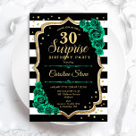 Convites Aniversário de 30 anos de Surpresa Preta Dourada V<br><div class="desc">Convite de festas de aniversário de 30 anos surpresa. Design verde feminino preto, branco e esmeralda com ouro brilhante falso. Apresenta faixas pretas e brancas, rosas, fontes de script e confetti. Perfeito para uma elegante comemoração de aniversário feminina. Pode ser personalizado para mostrar qualquer idade. Impressos convites Zazzle ou modelo...</div>
