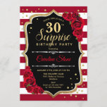 Convites Aniversário de 30 anos de surpresa - Vermelho bran<br><div class="desc">Convite para aniversário de 30 anos surpresa. Design branco, preto feminino, vermelho, com ouro brilhante falso. Apresenta faixas escuras de vermelho e branco, rosas, fontes de script e confetti. Perfeito para uma bolsa mensageifesta de aniversario elegante. Pode ser personalizado para mostrar qualquer idade. Envie-me uma mensagem se precisar de mais...</div>