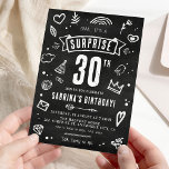 Convites Aniversário de 30 anos de surpresas do chalkboard<br><div class="desc">Uau, seus amigos e família com este Convite de festas de aniversário de 30 anos 'Shhh... é uma surpresa' único e divertido. O fundo da lousa lousa e ilustrações bonitas desenhadas à mão fazem dele um ajustado perfeito para qualquer surpresa de aniversário. Personalize facilmente os detalhes do seu evento para...</div>