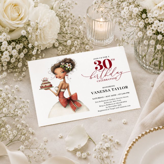 Convites Aniversário de 30 anos Deep Red Mulher Excêntrica  (Deep Red 30th Birthday Quirky Woman Whimsical Party Card

)