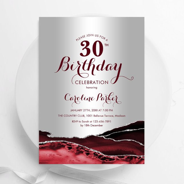 Convites Aniversário de 30 anos do Burgundy Red Silver Agat (Criador carregado)