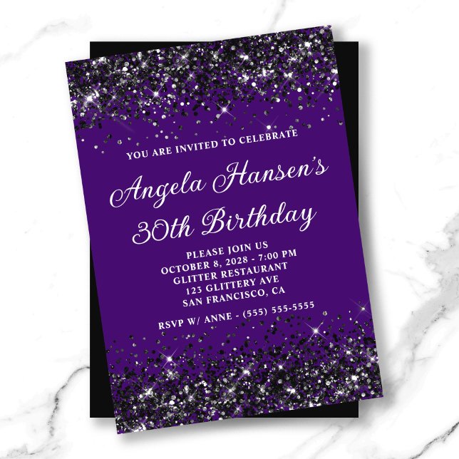 Convites Aniversário de 30 anos do Indigo e do Glitter Negr (Indigo and Black Glitter 30th Birthday Invitation)