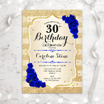 Convites aniversário de 30 anos - Douradas Bandas Rosas Azu<br><div class="desc">Convite para aniversário de 30 anos. Design elegante em ouro e azul real. Apresenta fitas de ouro com brilho sutil,  fonte de script na moda e confetti rosa de de safira. Perfeito para uma festa de aniversário de vidro.</div>