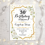 Convites aniversário de 30 anos - Douradas Rosas Brancas<br><div class="desc">Convite para aniversário de 30 anos elegante. Na moda em branco e ouro. Possui rosas brancas,  cor damasco e falso confetti. Perfeito para uma festa de aniversário branca. Pode ser personalizado para mostrar qualquer idade. Envie-me uma mensagem se precisar de mais personalização.</div>