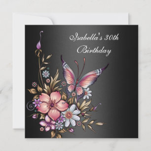 Convites Aniversário de 30 anos Elegante Floral Borboleta P