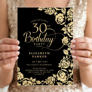 Convites Aniversário de 30 anos Elegante Rosas Preto e Dour