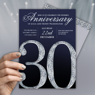 Convites Aniversário de 30 anos em Diamante Prata Azul Nava