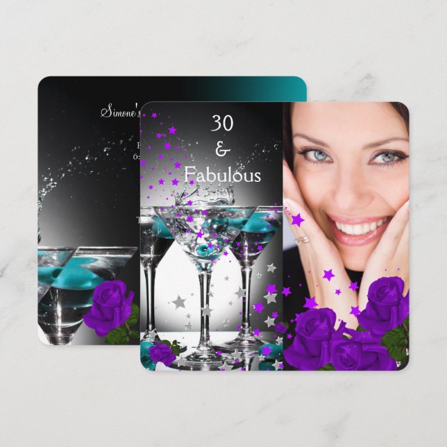 Convites Aniversário de 30 anos Fabuloso Rosas Roxo Teal Fo (Frente/Verso)