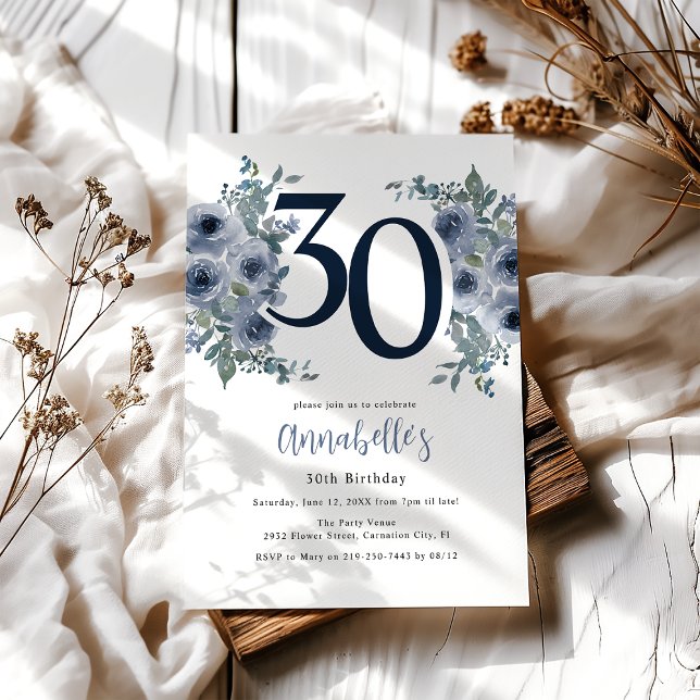 Convites Aniversário de 30 anos Floral Azul Elegante (Criador carregado)